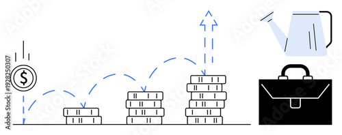 Finance, investment, savings, business strategy, wealth building, economic growth. Stacked coins with a dollar symbol, watering can and briefcase. Finance and investment concept