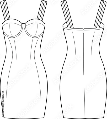 Art & Technical fashion flat sketch of a women's bustier bodycon mini dress, white sleeveless tight fitted sheath dress front and back view vector.Illustration