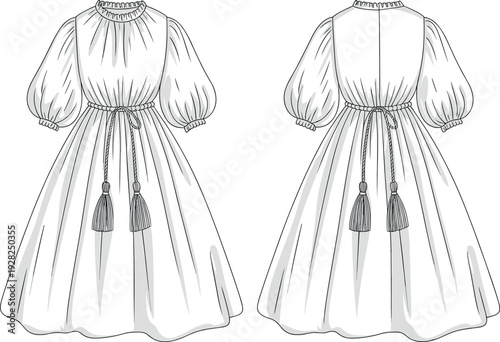 ArTechnical Fashion Flat Sketch of a Women's Boho Midi Dress Featuring Puff Lantern Sleeves Ruffle High Neckline and Braided Waist Tie with Tasselst & Illustration