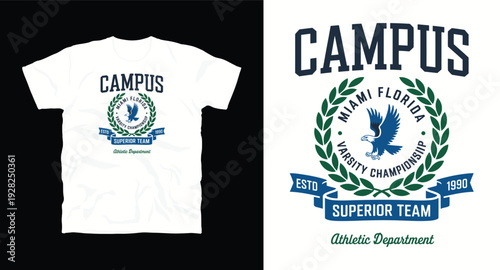 Vintage campus miami florida superior team t-shirt design with eagle emblem and laurel wreath for university sports apparel