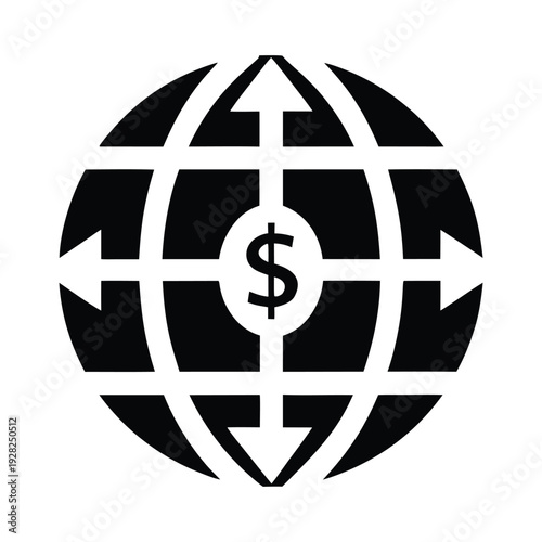 Global financial growth icon with dollar sign representing worldwide investment expansion and economic development concept