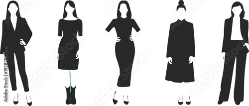 Minimal women fashion silhouette illustration, modern female outfits collection, elegant black dress business casual styles, clean vector character design set