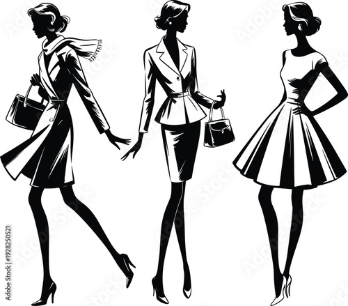 Vintage elegant women fashion silhouette illustration, classic female dresses coats handbags, timeless retro style, black white vector art design collection