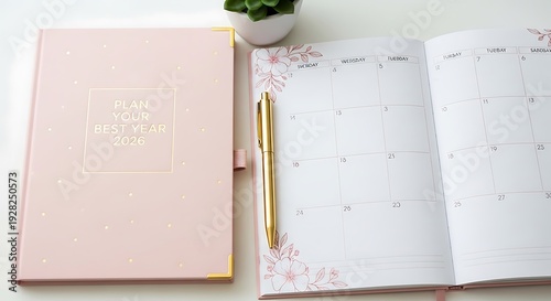 Beautiful Pink Planner and Pen on White Surface