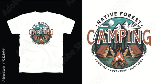 Native forest camping scene with tents campfire and mountains illustration