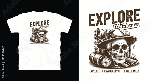 Explore wilderness skull adventurer with backpack and compass design