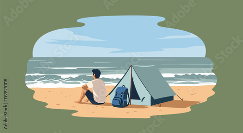 Man sitting by a tent on a sandy beach watching the ocean waves from a serene seaside viewpoint