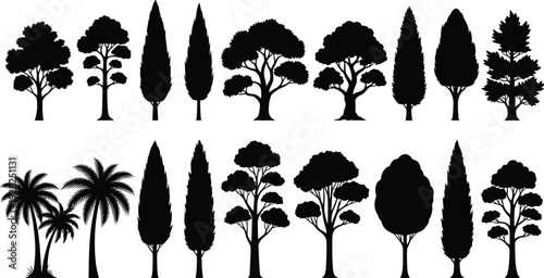 Black silhouette collection of different tree species including palm pine oak and cypress isolated on white background for nature and landscape designs