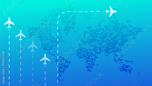 Vector illustration of airplanes flying on international routes over a dotted world map. Concept for global travel, the aviation industry, and logistics.
