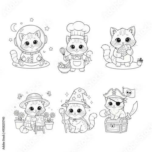 Cute Cat Character Coloring Page Set with Astronaut and Chef