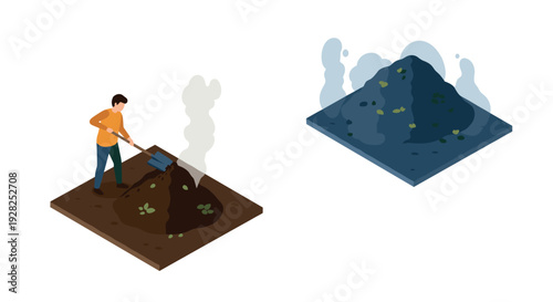 isometric compost pile with man shoveling organic material in hand drawn style for gardening and environmental concept