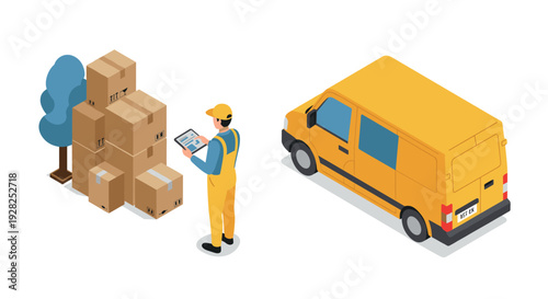 delivery worker checking packages near stacked cardboard boxes and yellow delivery van isometric illustration