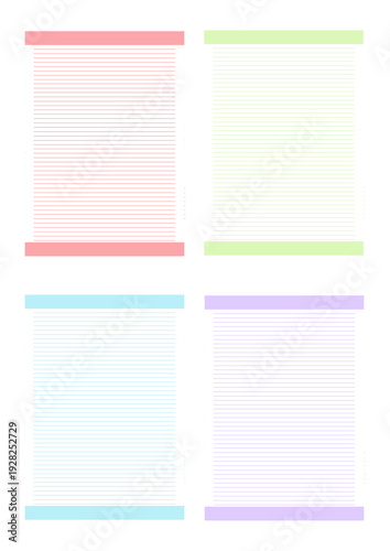 Pastel Lined Paper Set Isolated on Transparent Background, Pink Green Blue Purple Notebook Page Templates, Minimal Printable Writing Sheets Collection PNG