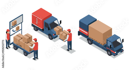 isometric delivery truck with loading workers carrying cardboard shipping boxes in flat vector style