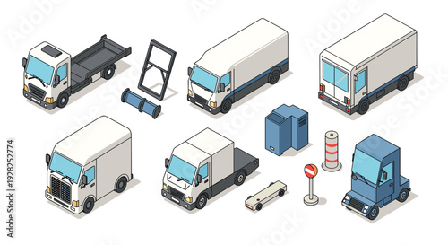 isometric delivery trucks and cargo equipment hand drawn vector illustration set for logistics technology