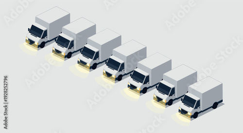 isometric delivery truck fleet with headlights on in modern vector style