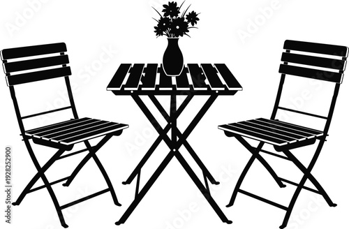 Black silhouette collection of home and garden furniture including chairs tables sofa umbrella and barbecue grill isolated on white background for interior design