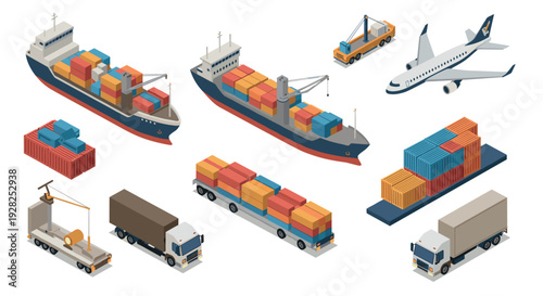 isometric cargo shipping collection with container ships trucks airplane and cranes in flat style