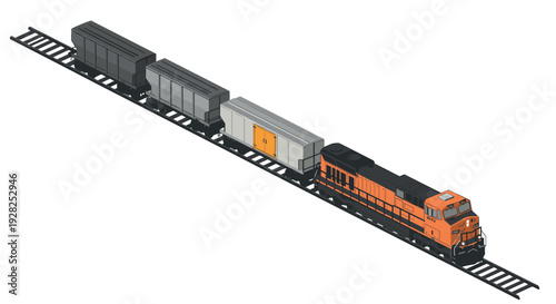 isometric orange and gray freight train locomotive with cargo wagons vector illustration