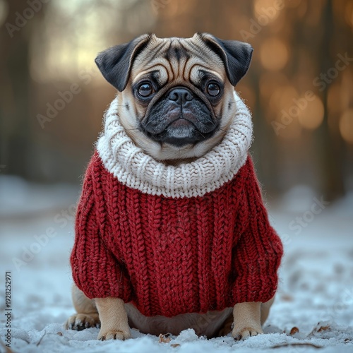 Pug in a cozy red sweater sitting in a snowy forest during golden hour
