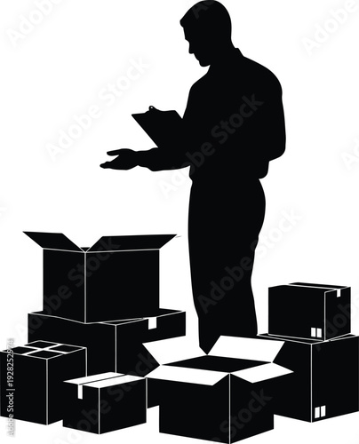 Silhouette of warehouse worker checking inventory with clipboard and cardboard boxes isolated on white