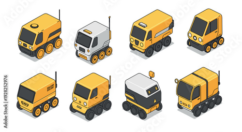set of futuristic autonomous delivery trucks hand drawn isometric style transportation vehicles collection