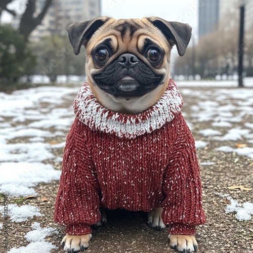 Pug in cozy sweater enjoying a winter stroll through the park