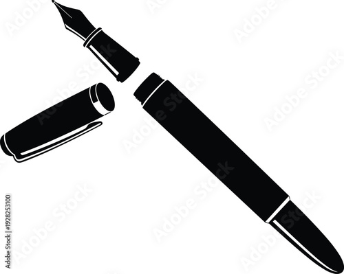 Black silhouette of a professional fountain pen with open cap isolated on white background for luxury writing stationery and elegant office concepts