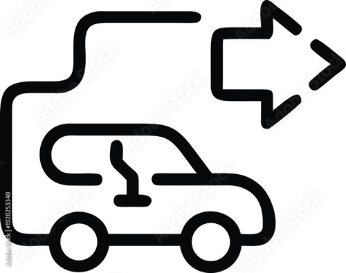 Modern outline icon illustrating a car following a navigation route with a directional arrow
