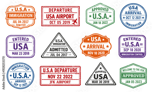 USA immigration stamp collection. Vintage travel badges with arrival departure approved and entered marks. Retro passport visa elements