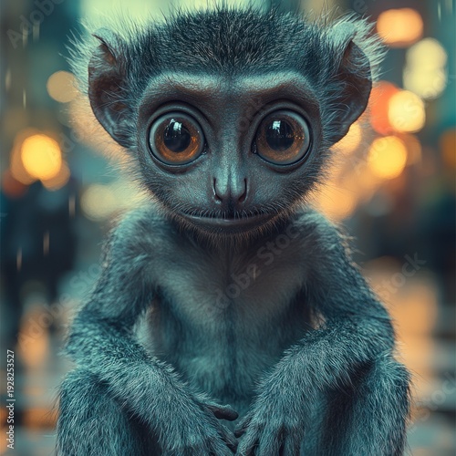 Cute monkey gazes curiously on a rainy street filled with colorful lights at night