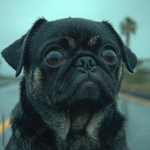 Pug with gleaming eyes gazes thoughtfully on a rainy road