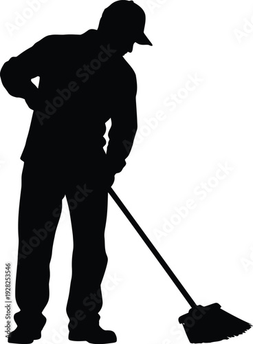 Silhouette of Worker Sweeping Floor with Broom Isolated on White Background