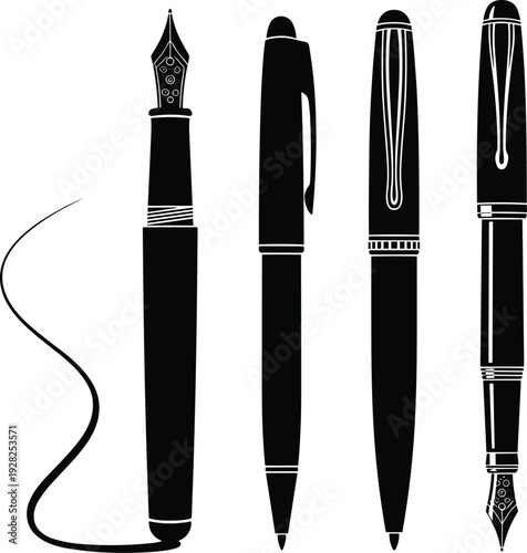 Black silhouette collection of different pens including fountain pens and ballpoint pens isolated on white background for writing and office design concepts