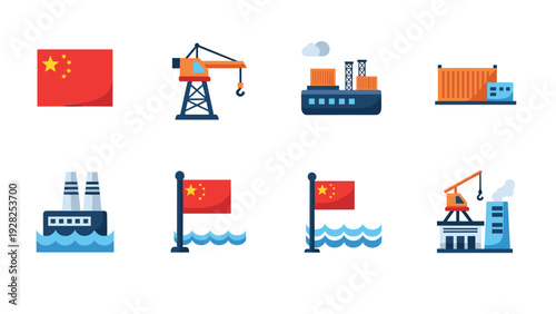 set of hand drawn shipping and maritime icons with china flag and industrial elements