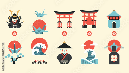 set of hand drawn japanese culture icons including samurai origami crane torii waves and traditional buildings