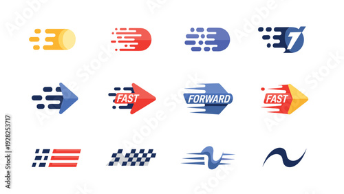 set of fast speed motion icons and symbols in modern flat style for technology and forward movement