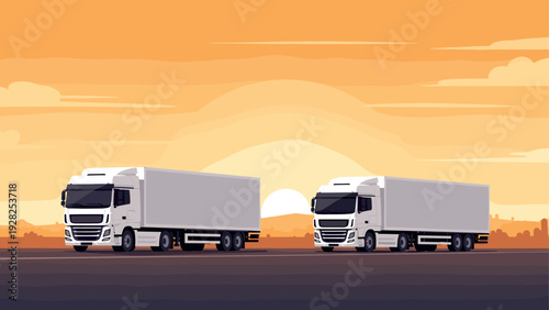 two white semi trucks with trailers on road at sunset vector illustration
