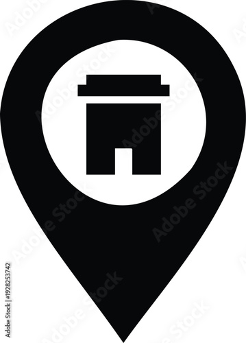 Black Map Pin with White Circle and Building