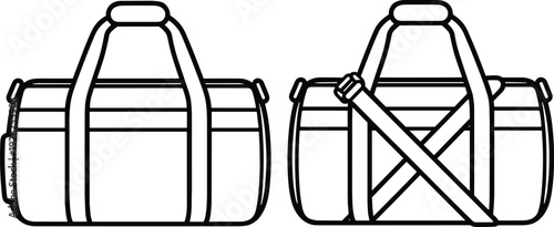 Travel duffel bag outline vector illustration, black and white gym luggage icons isolated on white background for transportation and accessory design