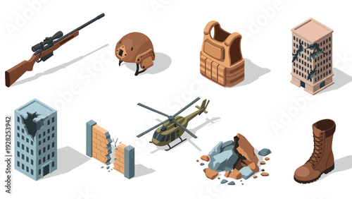 isometric military elements set including sniper rifle helmet bulletproof vest damaged buildings helicopter rubble and combat boot in flat style