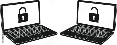 Laptop security concept illustration, unlocked padlock icon on screen, cybersecurity protection symbol, data privacy vector design, isolated technology graphic