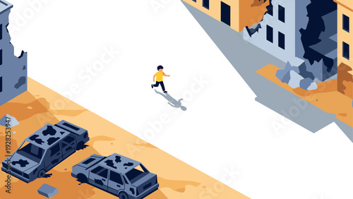 child running in ruined city with damaged cars and destroyed buildings isometric flat vector illustration