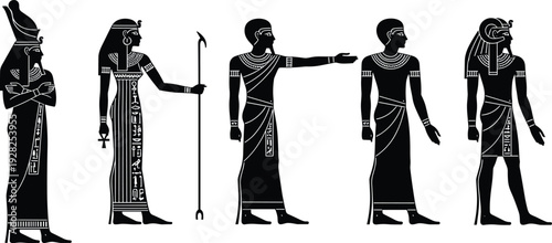 Ancient Egyptian Pharaoh and Goddess Silhouette Vector Set Featuring Osiris and Isis in Traditional Costume Isolated on White for Historical Creative Design Projects