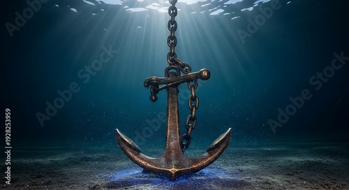 An old rusty anchor lies on the ocean floor with sunbeams shining down