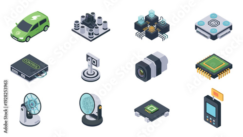 isometric technology and electronics icon set including electric car camera chips and control devices