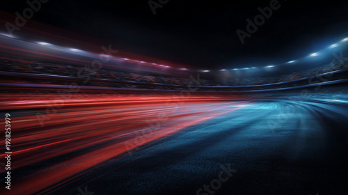 Race track at a stadium at night with light trails in red and blue, speed and competition concept.