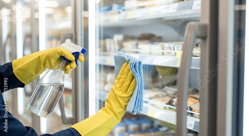 Professional cleaner maintaining hygiene standards in a supermarket by meticulously cleaning refrigerated display cases