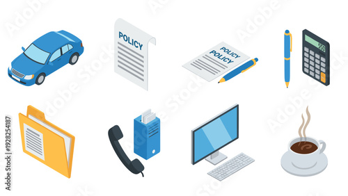 isometric set of car insurance policy icons with documents calculator computer and coffee cup in flat style