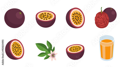 set of hand drawn passion fruit illustrations with leaves flower and juice glass